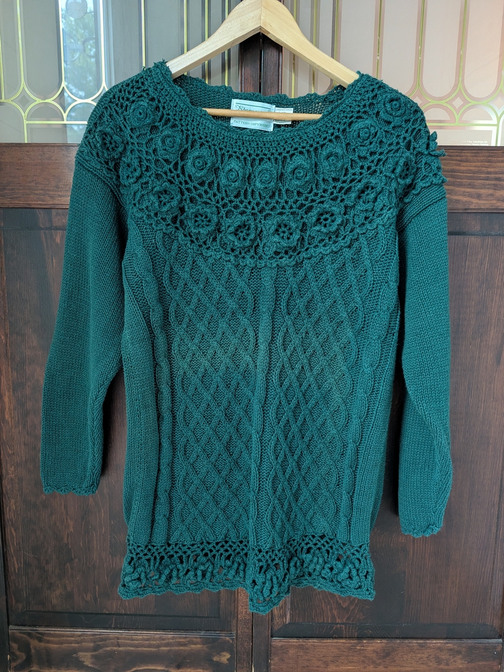 Vintage Crochet Yoke Cable Knit Sweater - Deep Teal